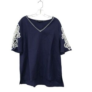 Context Top L Lord Taylor Tunic V Neck Linen Blend 3/4 Sleeve Blue White